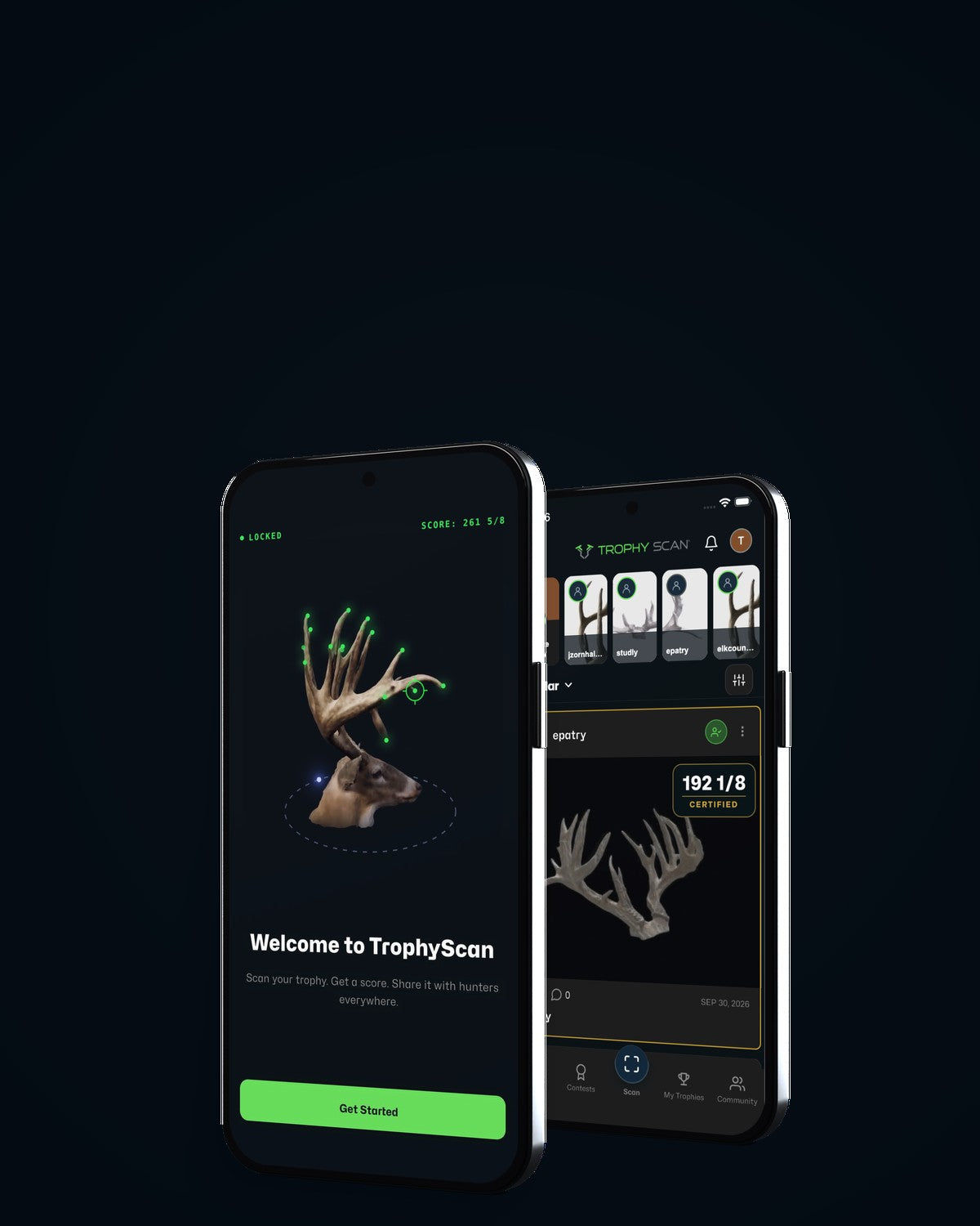 Two phones showing the Trophy Scan antler scoring app: the welcome screen with a 3D scanned buck, and the home feed