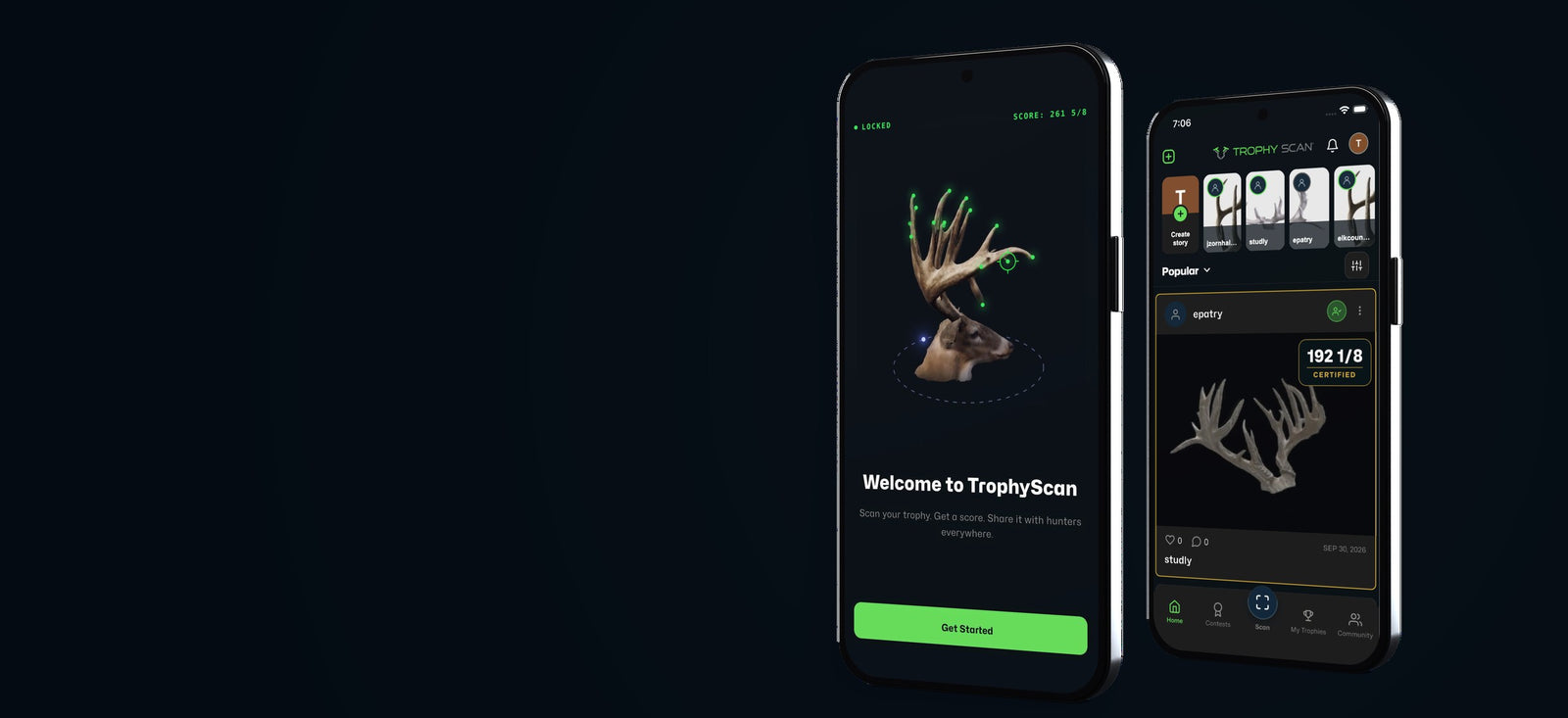 Two phones showing the Trophy Scan antler scoring app: the welcome screen with a 3D scanned buck, and the home feed