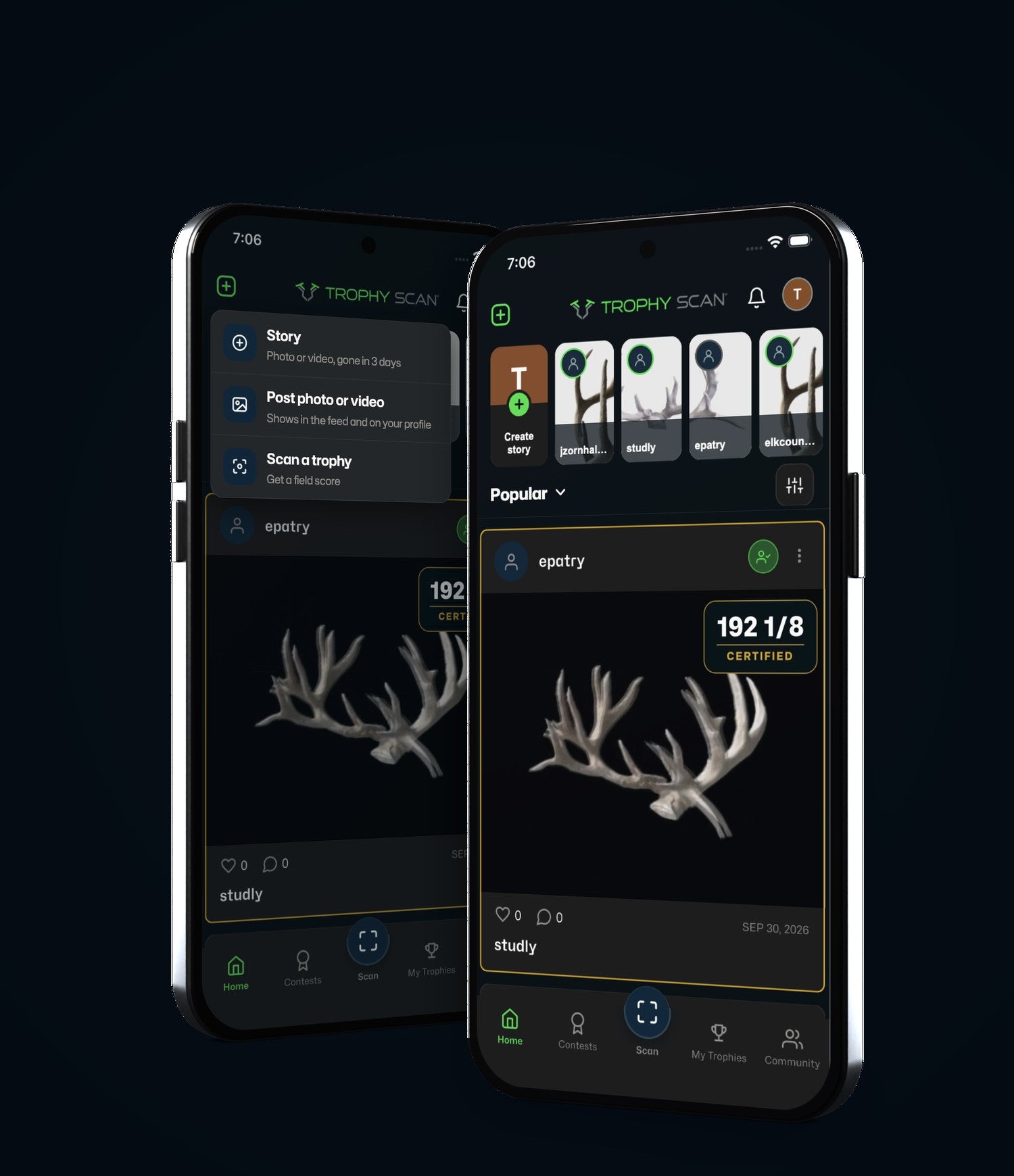 Two phones showing the Trophy Scan home feed with stories along the top, a scanned buck's antlers with its certified score, and the Create menu
