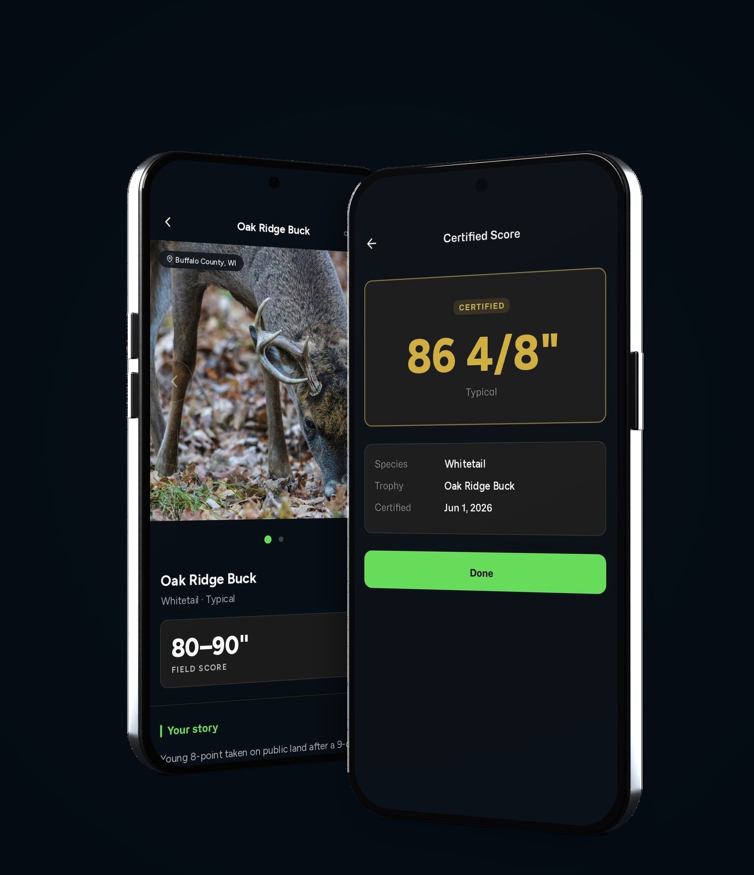 Two phones showing a whitetail trophy page and its certified score in the Trophy Scan app