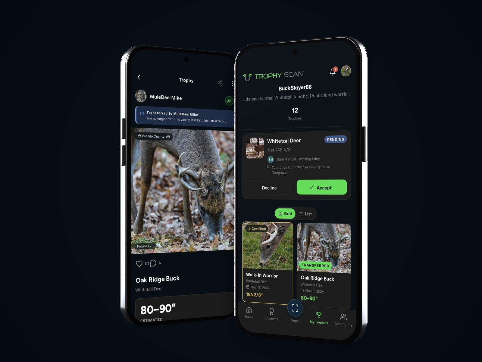 Two phones showing an incoming trophy transfer with Accept and Decline, and a transferred whitetail trophy